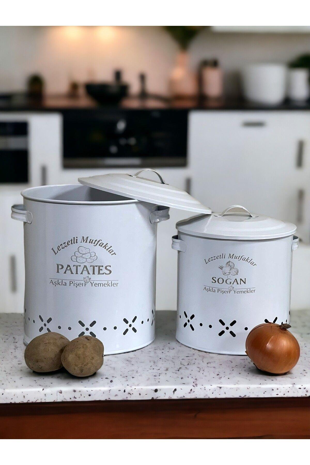 Lüx Metal Patates Soğanlık Kovası Sebze Saklama Kabı Beyaz